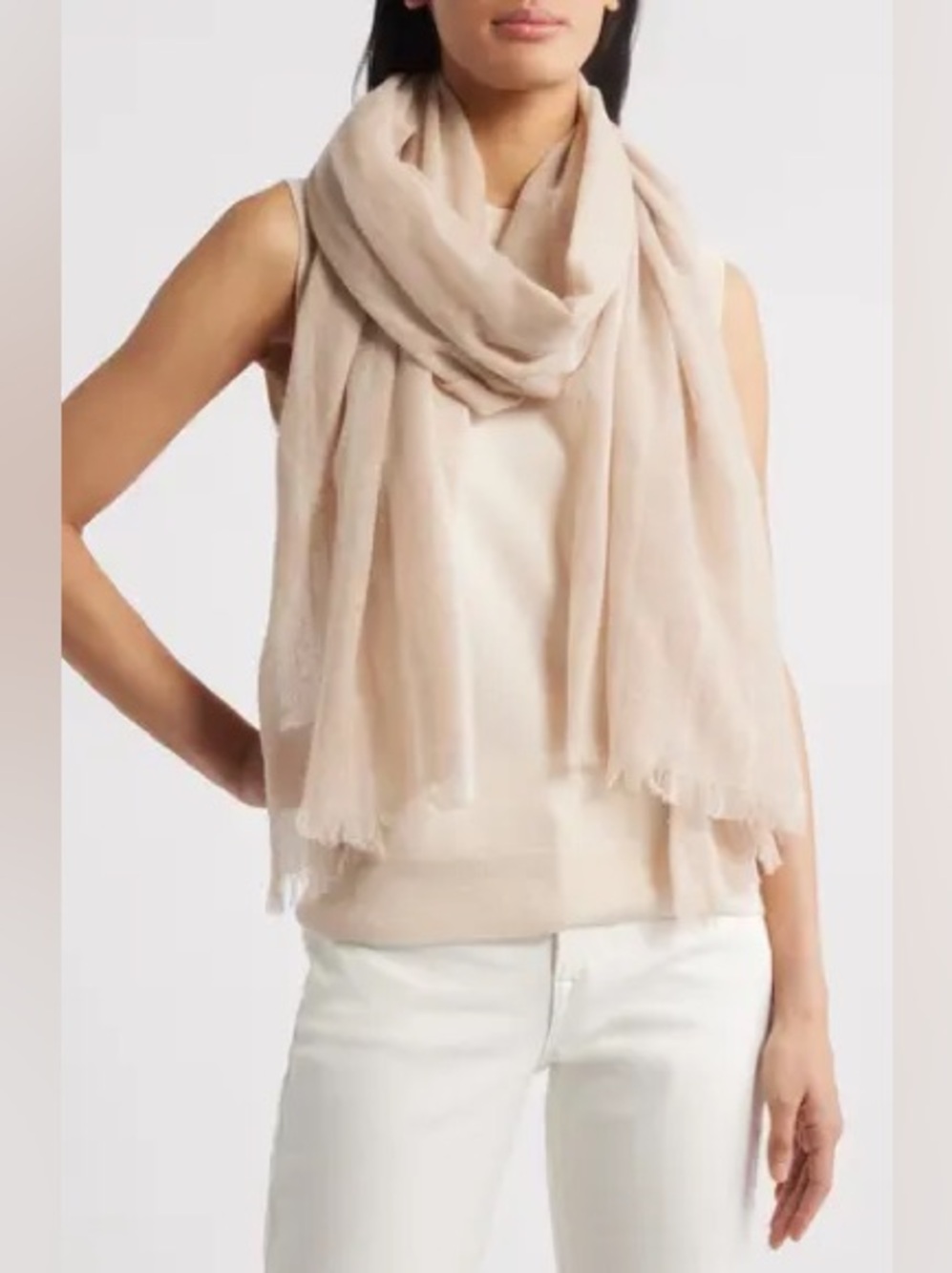 NWOT Nordstrom Cashmere Silk Eyelash Trim Print Wrap Scarf Striped Tan Neutral